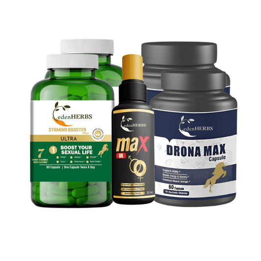 edenherbs combo pack for stamina and performance with stamina booster capsules max oil and drona max capsules