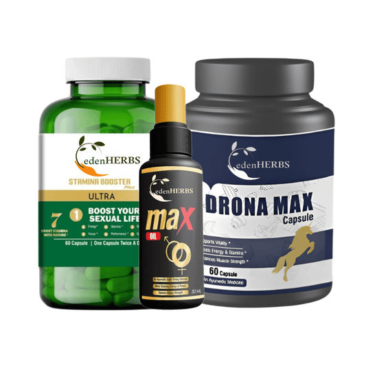 Edenherbs sexual vitality combo pack for men with stamina booster capsules max oil and Drona Max capsules